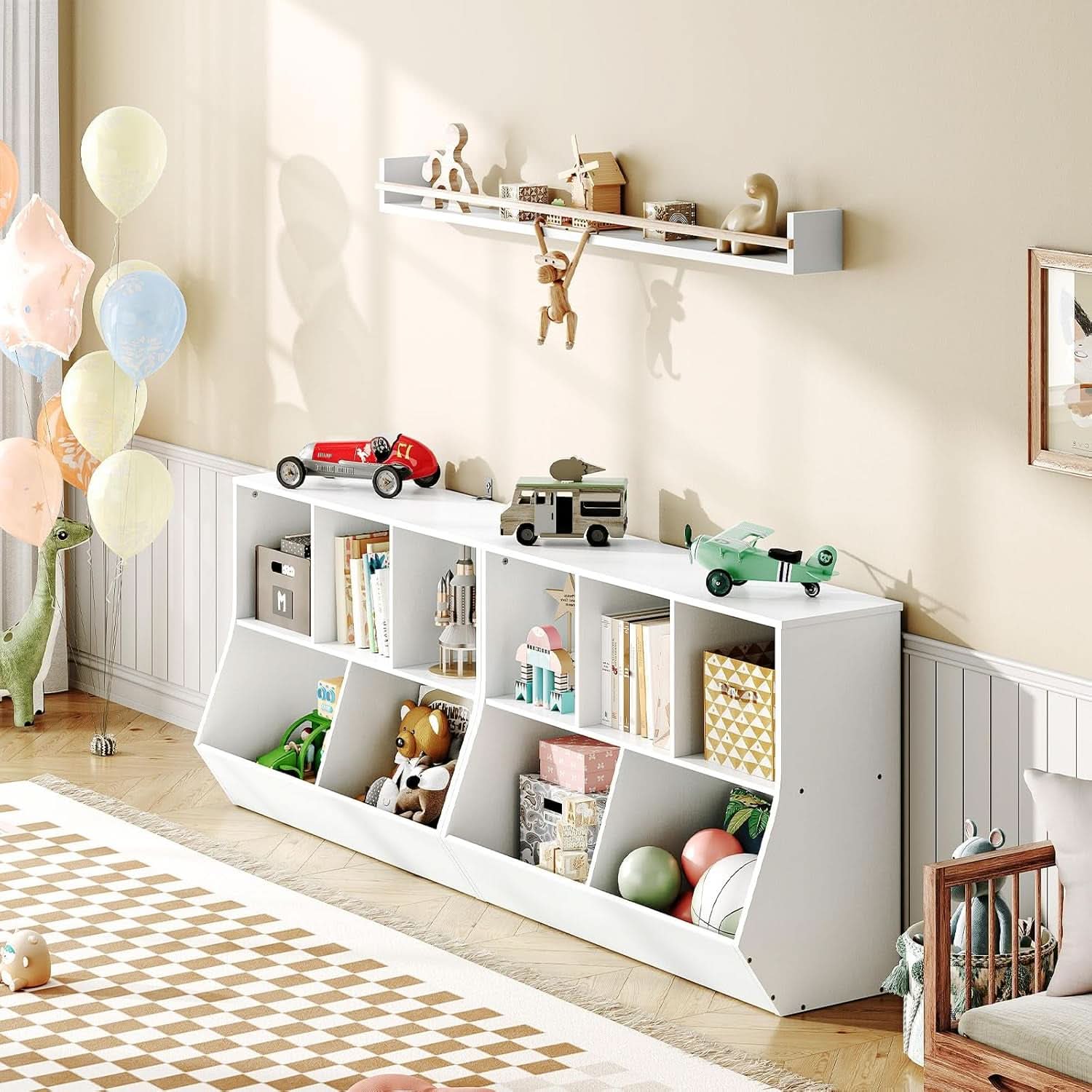 Children's room with white bookshelf, toys, and balloons.