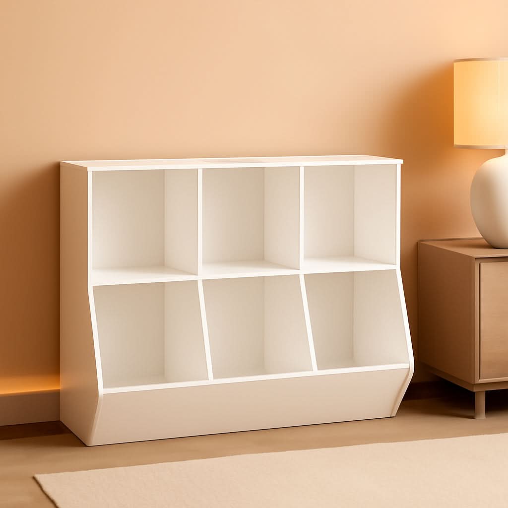 White bookshelf against a beige wall with a lamp and cabinet in the background.